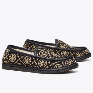 Tory Burch T Monogram Buddy Shearling Loafer Black Jacquard 8.5 Slip On NWT